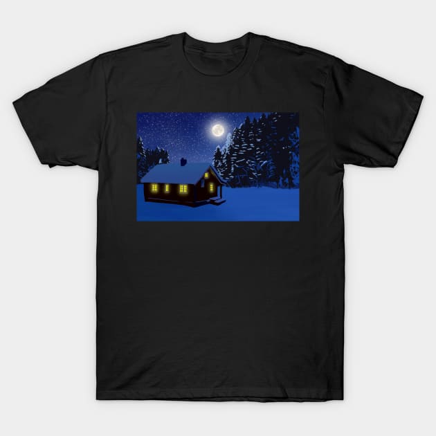 Winter Cabin Landscape T-Shirt by ziafrazier